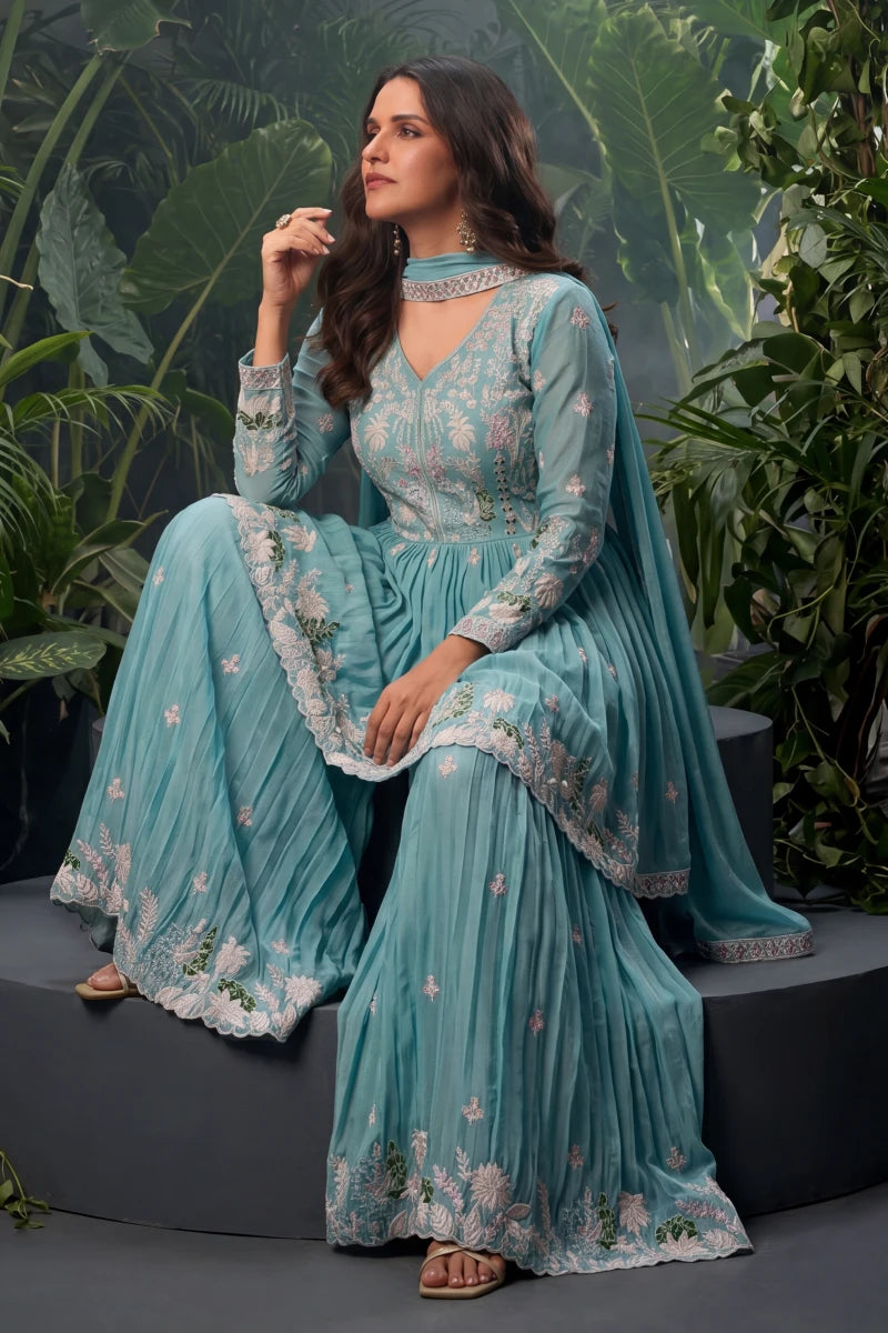 Sea Blue Chinon Embroidered Sharara with Tunic