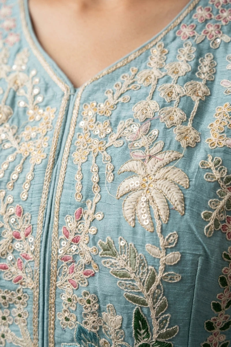 Sea Blue Chinon Embroidered Sharara with Tunic