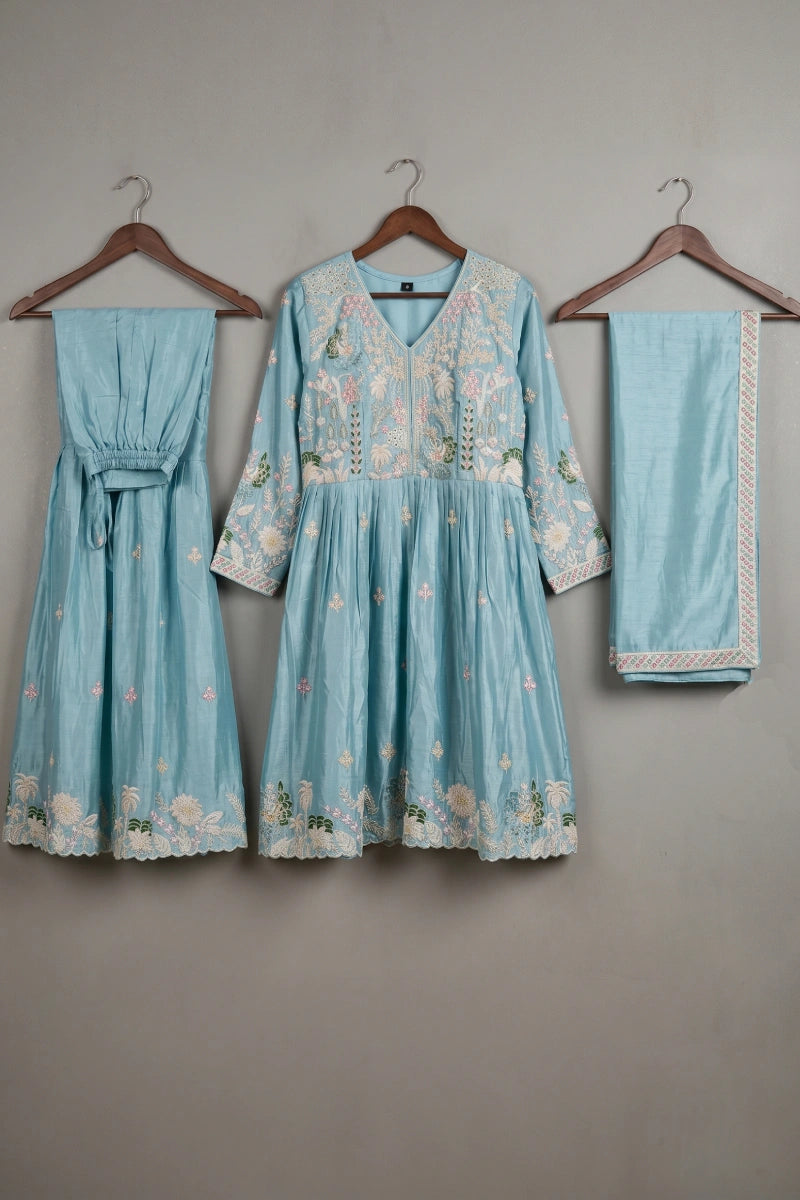 Sea Blue Chinon Embroidered Sharara with Tunic