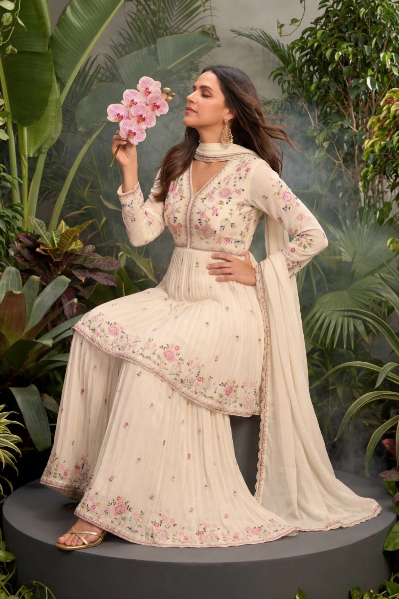 Cream Chinon Embroidered Sharara with Tunic