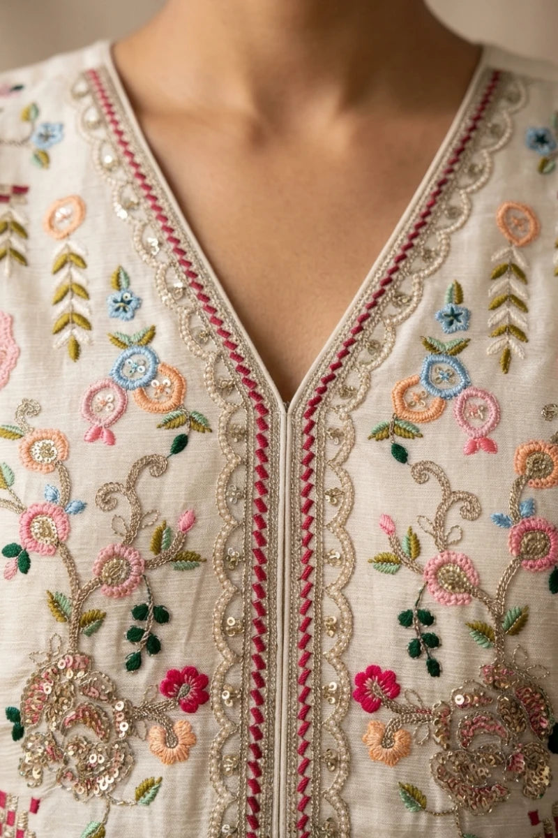 Cream Chinon Embroidered Sharara with Tunic