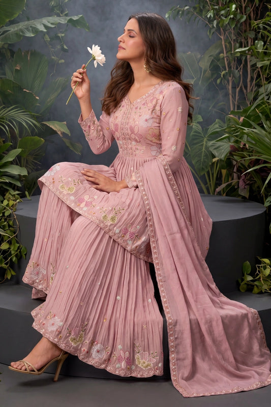 Pink Chinon Embroidered Sharara with Tunic