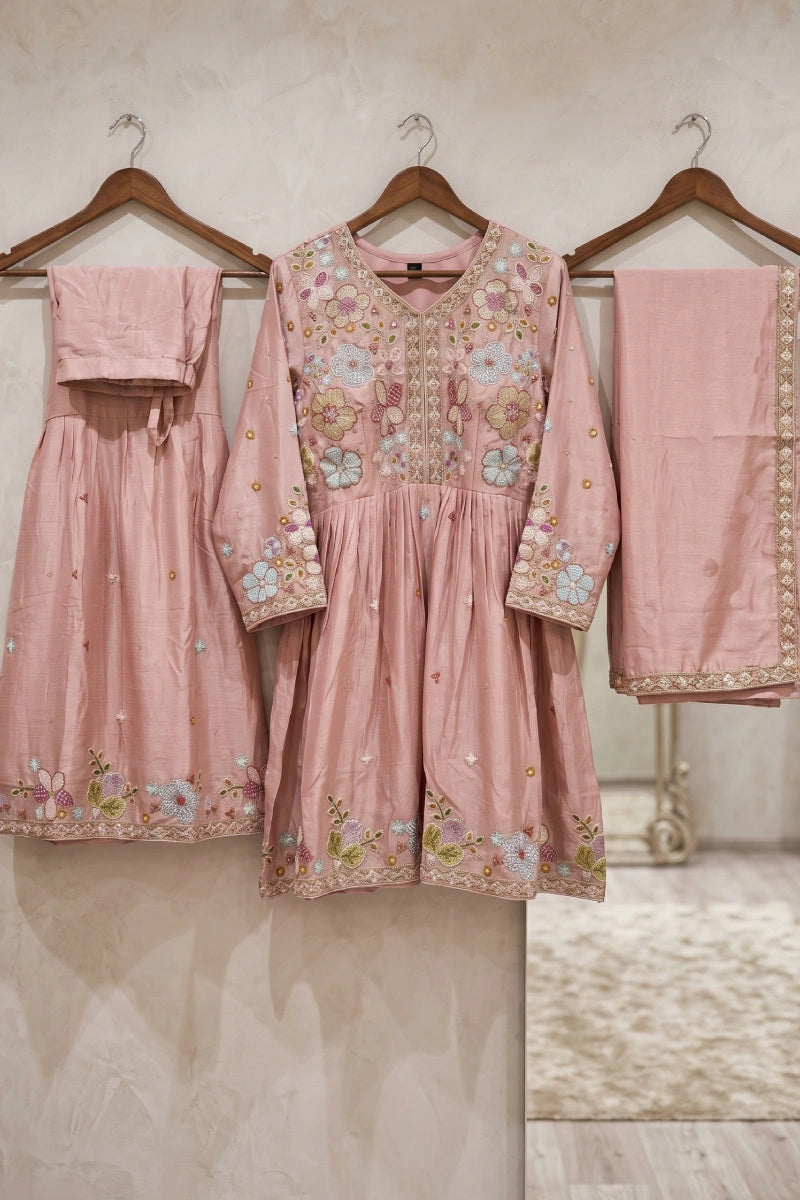 Pink Chinon Embroidered Sharara with Tunic