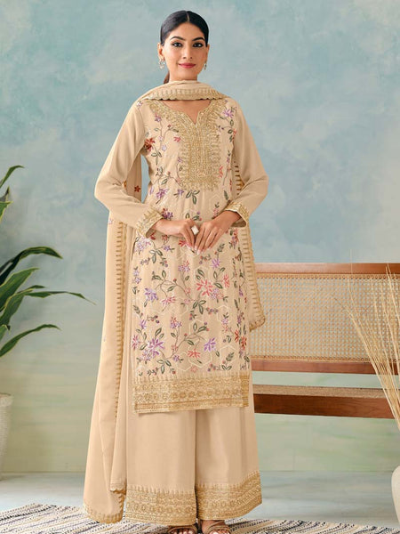 Cream Premium Chinon Embroidered Plazzo Suit