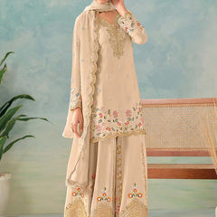 Designer Cream Chinon Palazzo Suit with Embroidery