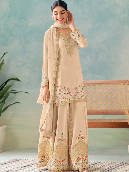 Designer Cream Chinon Palazzo Suit with Embroidery