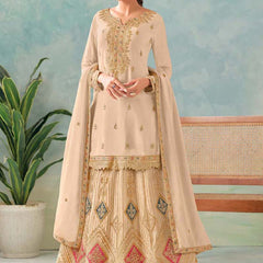 Elegant Cream Embroidered Chinon Palazzo Suit