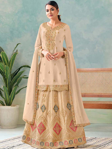 Elegant Cream Embroidered Chinon Palazzo Suit