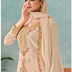Premium Cream Chinon Floral Embroidered Palazzo Suit
