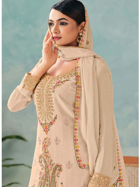 Premium Cream Chinon Floral Embroidered Palazzo Suit