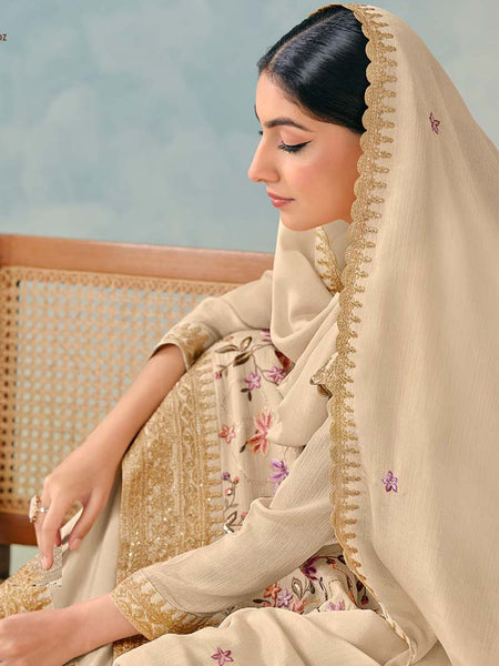 Cream Premium Chinon Embroidered Plazzo Suit