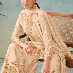 Designer Cream Chinon Palazzo Suit with Embroidery