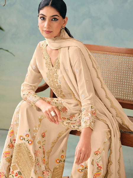 Designer Cream Chinon Palazzo Suit with Embroidery