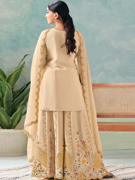 Designer Cream Chinon Palazzo Suit with Embroidery