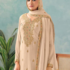 Elegant Cream Embroidered Chinon Palazzo Suit