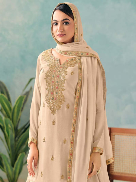 Elegant Cream Embroidered Chinon Palazzo Suit