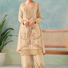 Premium Cream Chinon Floral Embroidered Palazzo Suit