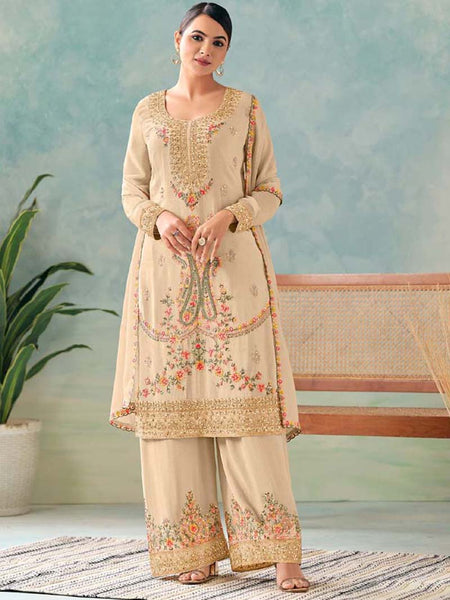 Premium Cream Chinon Floral Embroidered Palazzo Suit