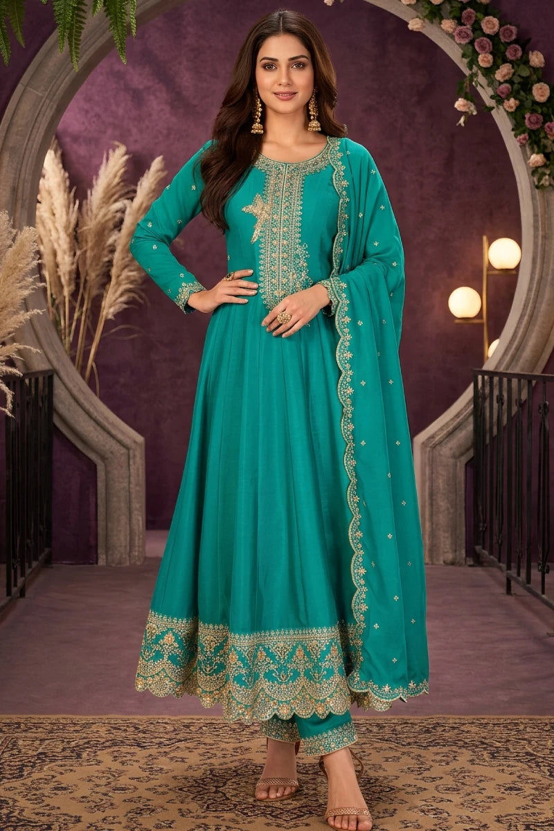 Rama Green Silk Embroidered Premium Anarkali Suit