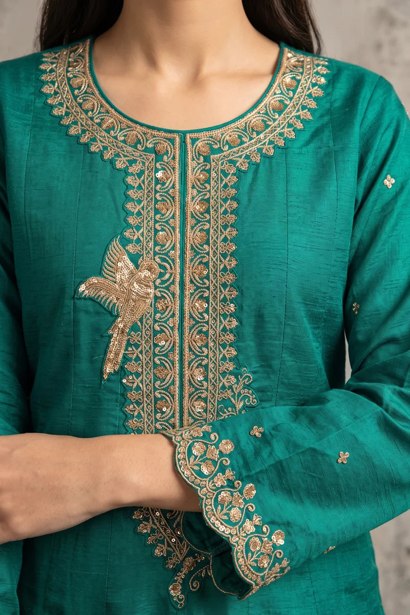 Rama Green Silk Embroidered Premium Anarkali Suit
