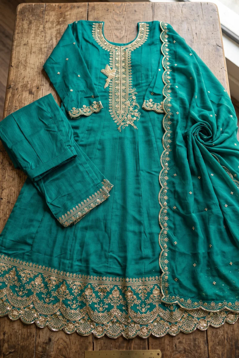 Rama Green Silk Embroidered Premium Anarkali Suit