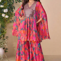 Multicolor A Real Mirror Chinon Silk Sharara Suit