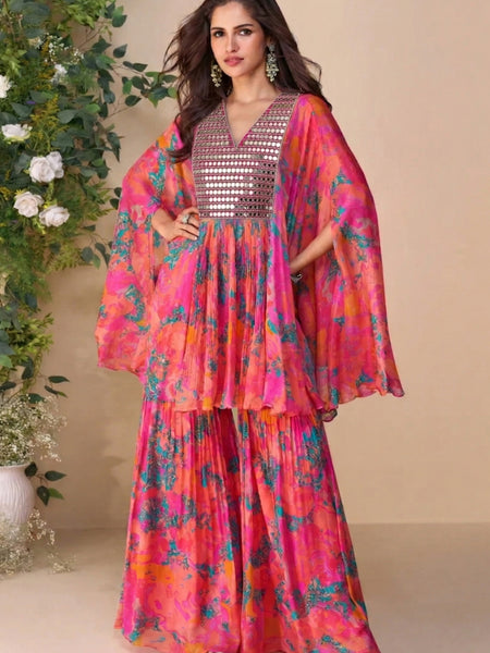 Multicolor A Real Mirror Chinon Silk Sharara Suit