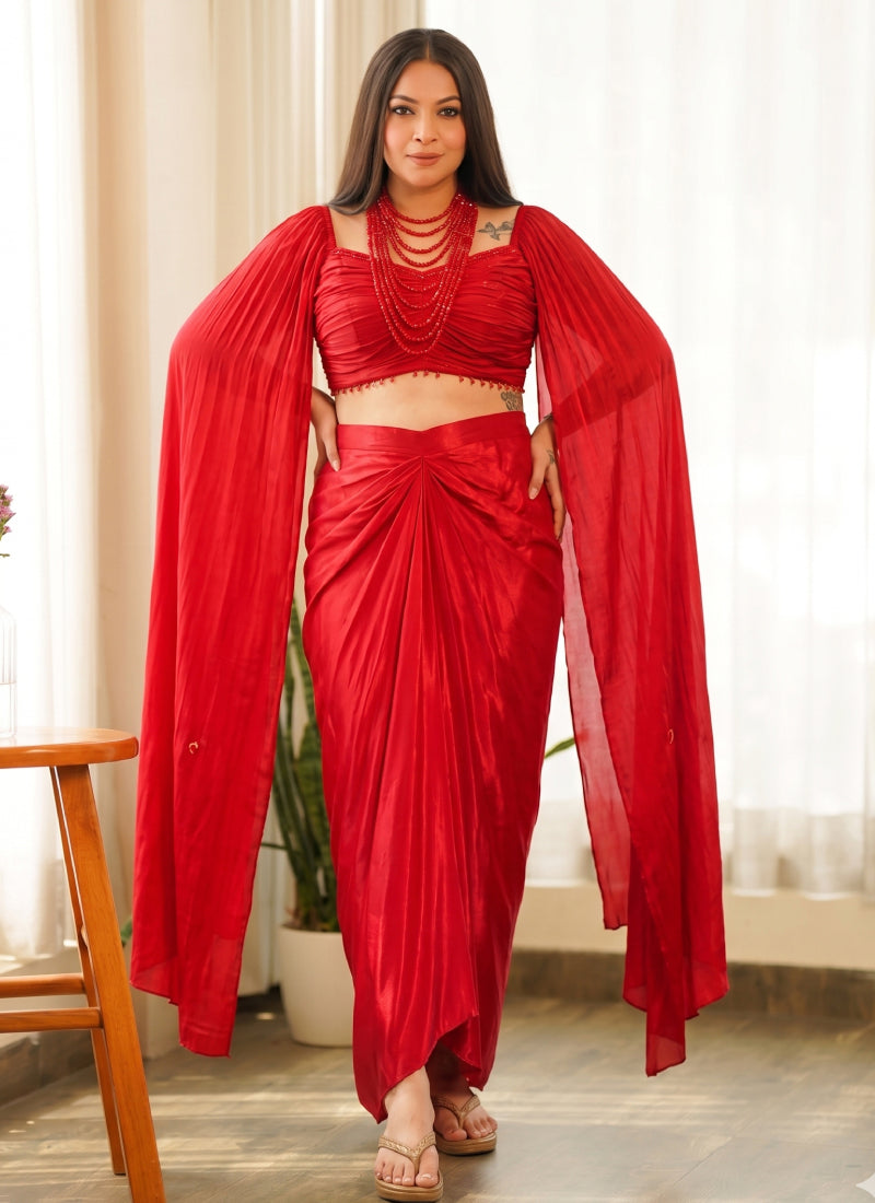 Red Beads Chinon Silk Indo Western Suit