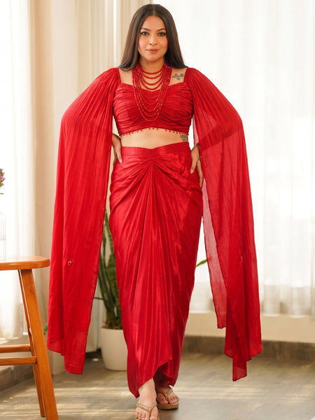 Red Beads Chinon Silk Indo Western Suit