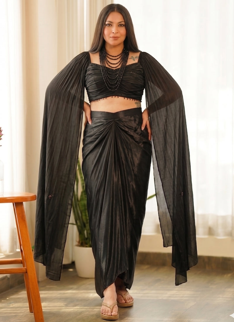 Black Beads Chinon Silk Indo Western Suit