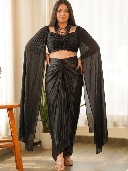 Black Beads Chinon Silk Indo Western Suit