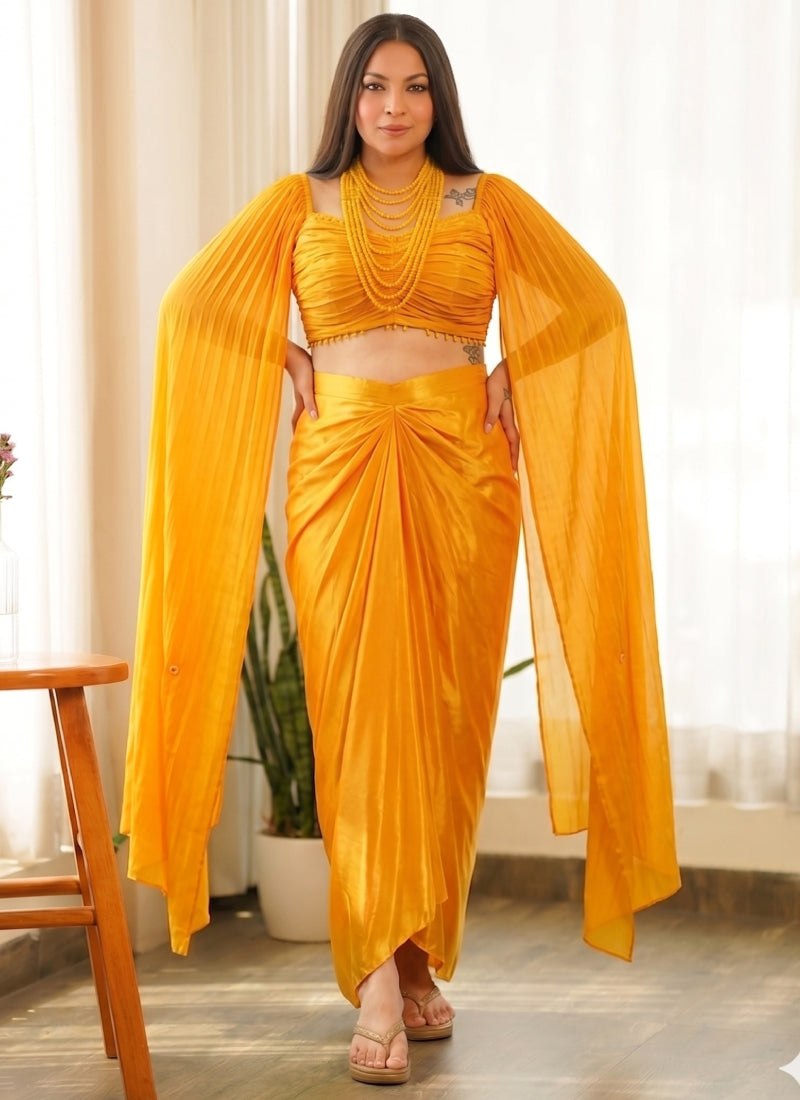 Yellow Beads Chinon Silk Indo Western Suit