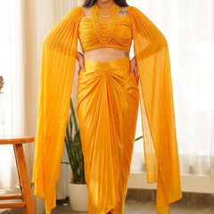 Yellow Beads Chinon Silk Indo Western Suit