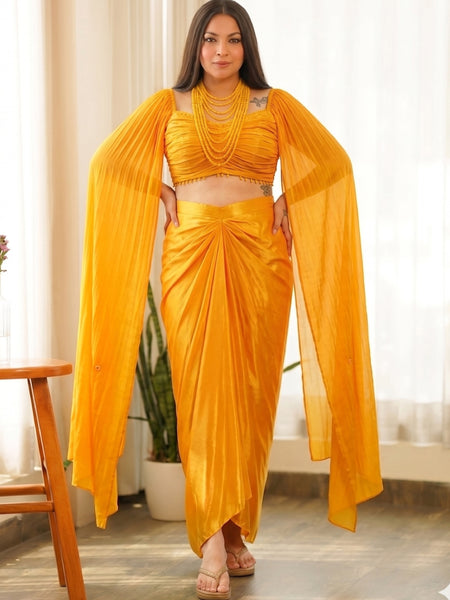 Yellow Beads Chinon Silk Indo Western Suit