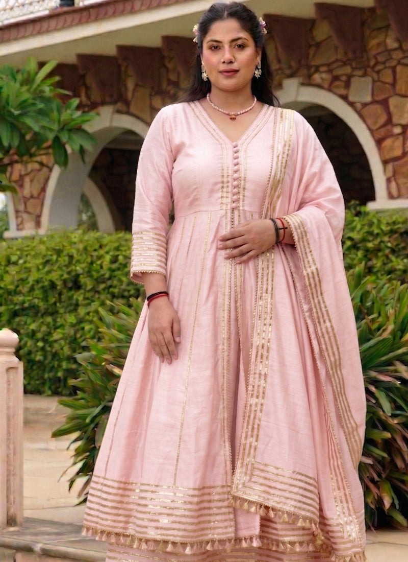 Baby-Pink Gota Cotton Silk Palazzo Suit
