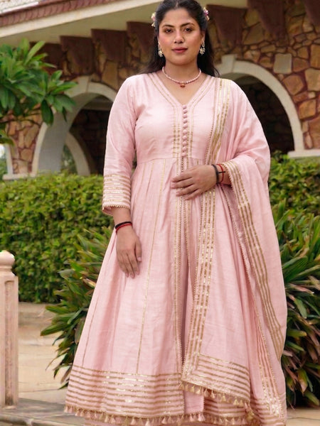Baby-Pink Gota Cotton Silk Palazzo Suit