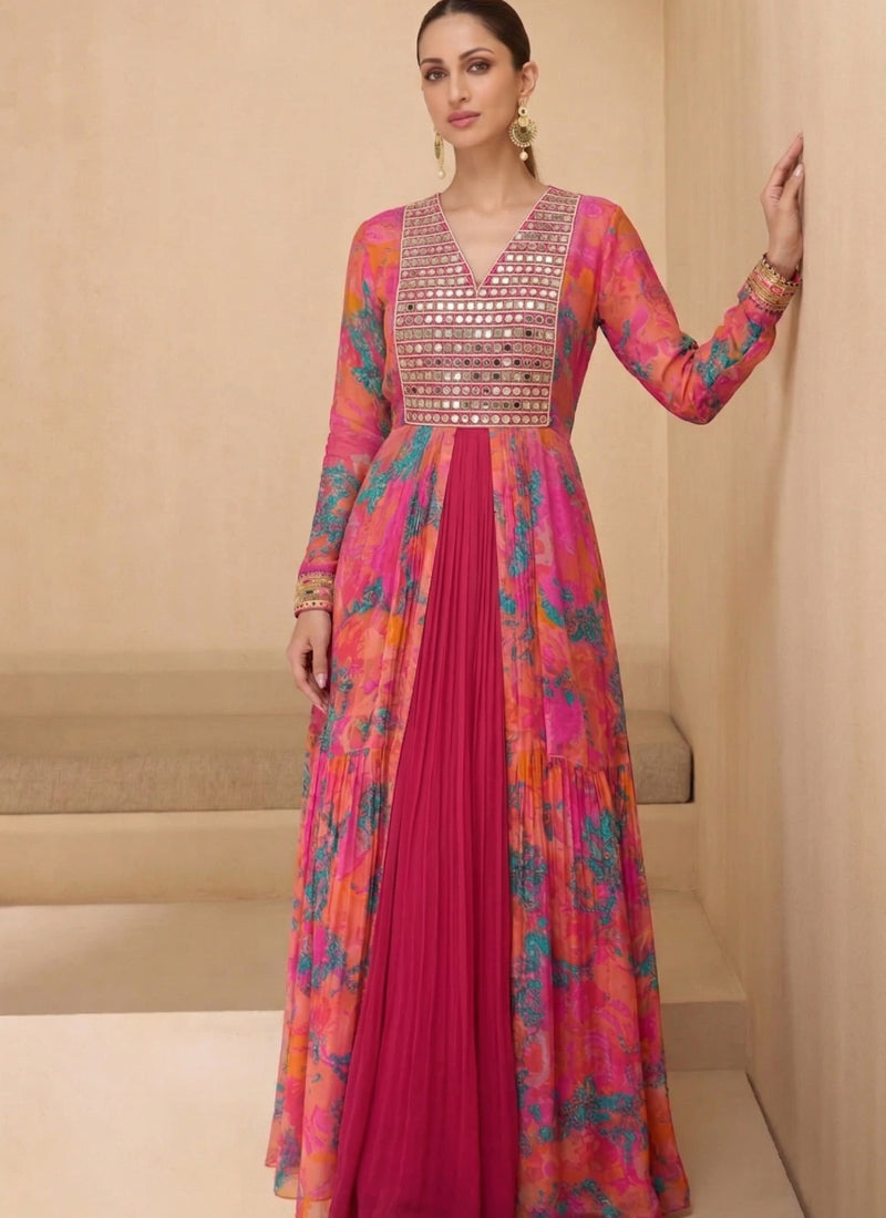 Multicolor Real Mirror Georgette Gown Suit