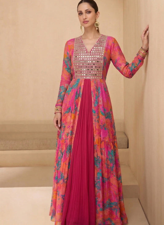 Pink Jacket with Real Mirror Georgette Gown Suit