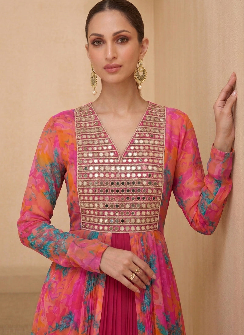Multicolor Real Mirror Georgette Gown Suit