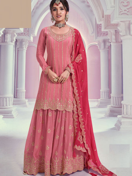 Peach Zari Chinon Silk Palazzo Suit