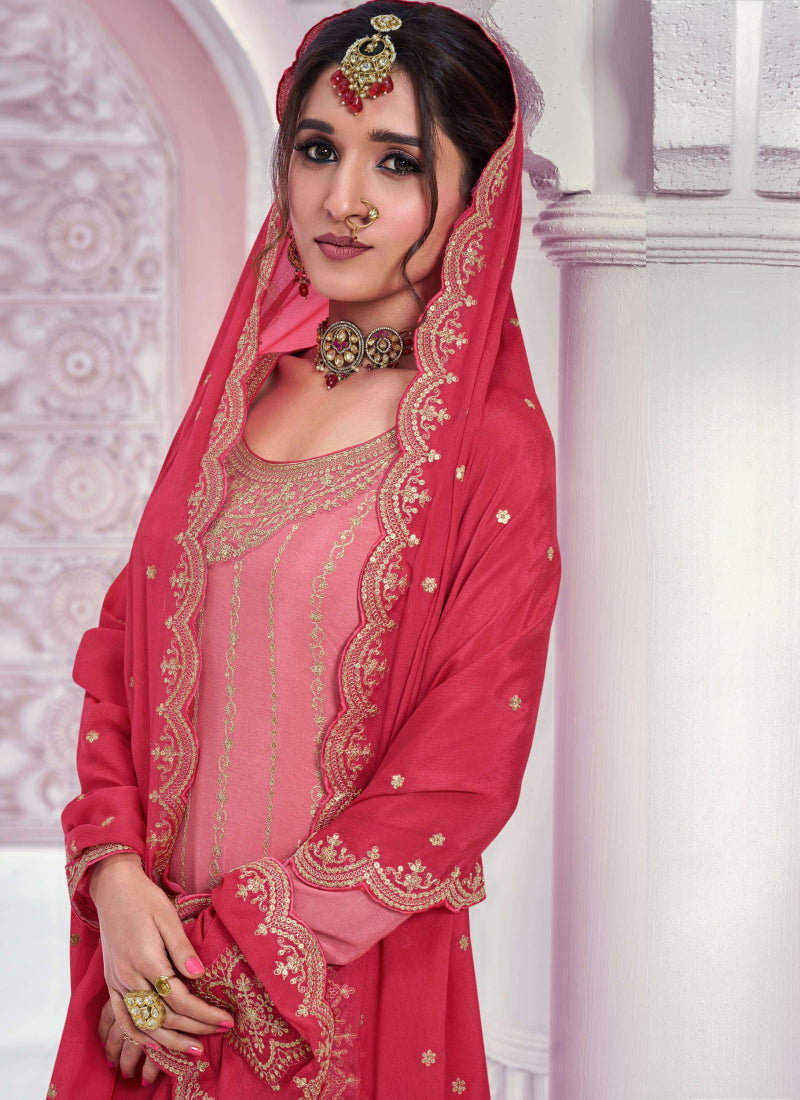 Peach Zari Chinon Silk Palazzo Suit