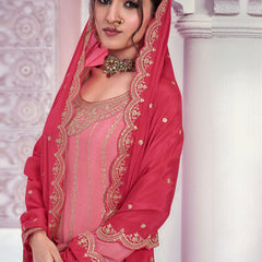 Peach Zari Chinon Silk Palazzo Suit