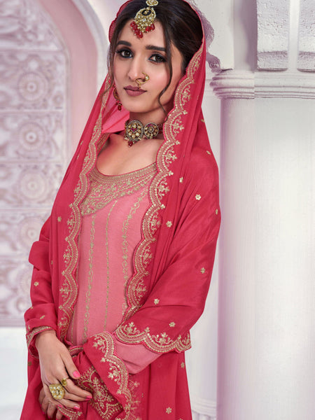 Peach Zari Chinon Silk Palazzo Suit