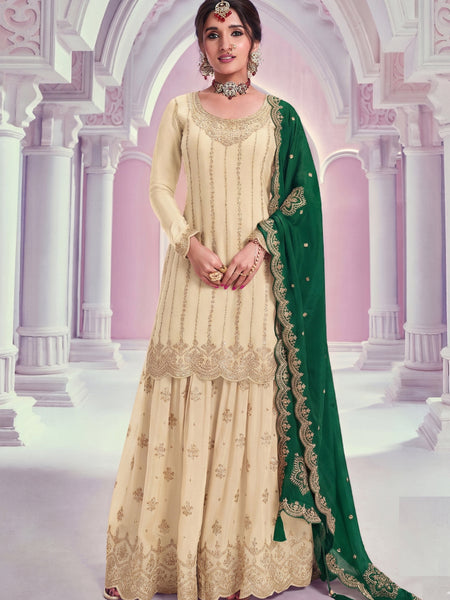 Cream Zari Chinon Silk Palazzo Suit