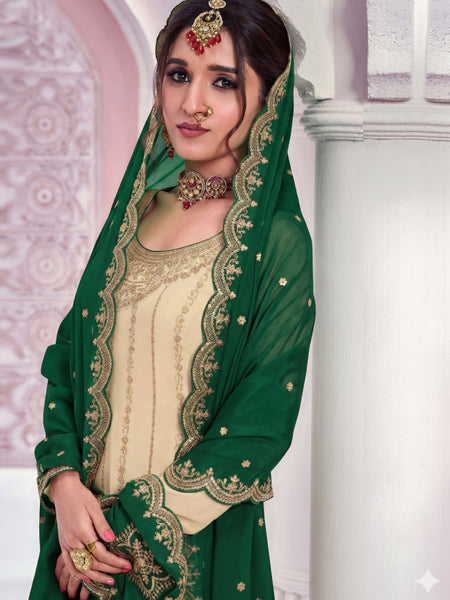 Cream Zari Chinon Silk Palazzo Suit