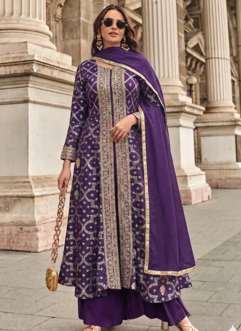 Purple Zari Jacquard Anarkali Suit