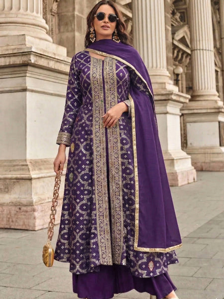 Purple Zari Jacquard Anarkali Suit