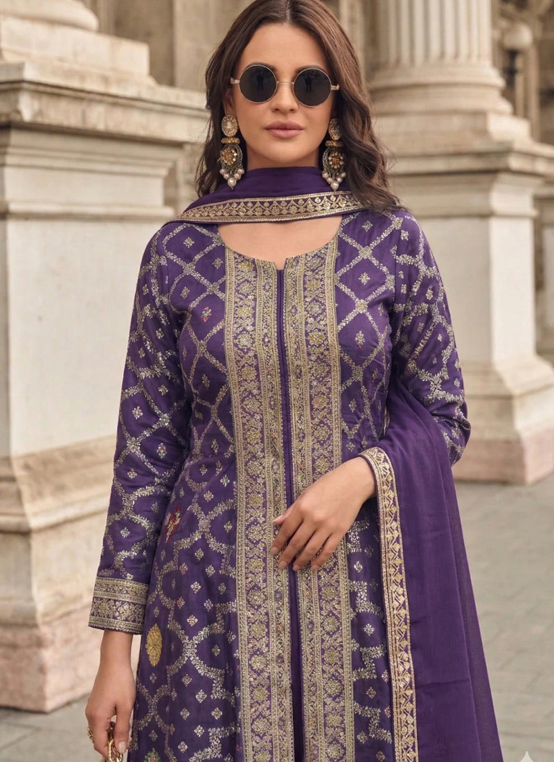 Purple Zari Jacquard Anarkali Suit