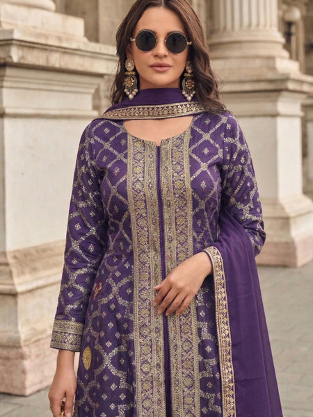Purple Zari Jacquard Anarkali Suit