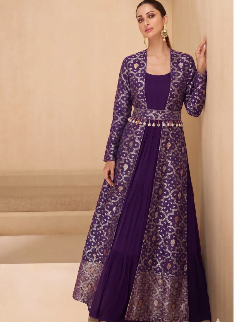 Purple Brocade Georgette Gown Suit